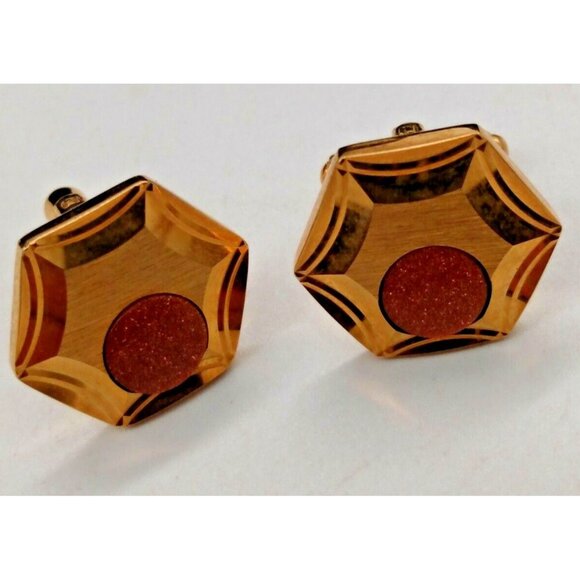 Swank Cuff Links Gold Tone with Brown stone - signed like new 3/4" x 1" - Picture 1 of 11